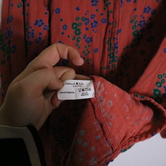 Natural Life Georgia Cotton Gauze Shirt Dress XL Floral Coral Long Sleeve Boho - Picture 7 of 8